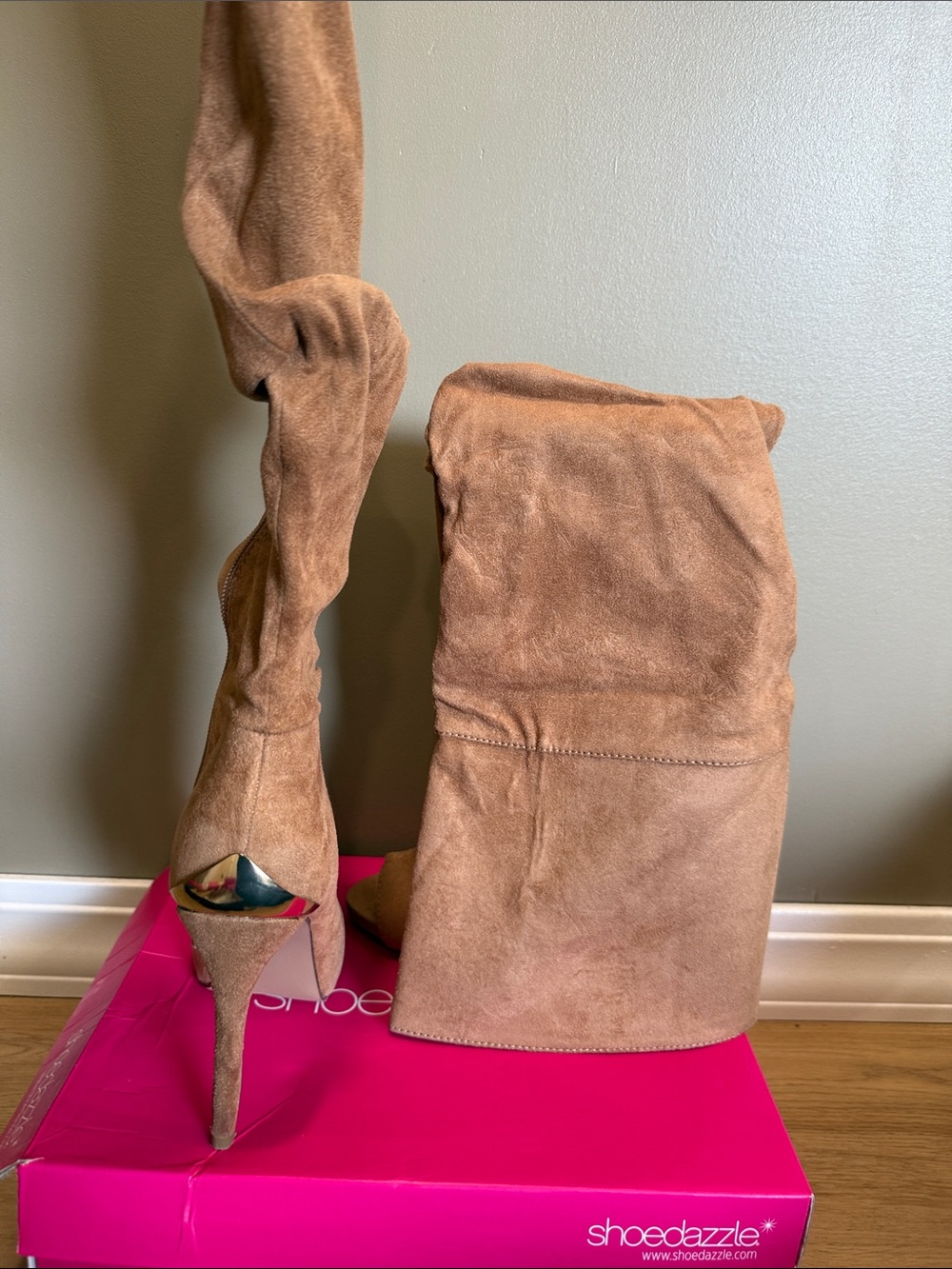Shoe Dazzle Women’s Tan Suede Over-the-Knee Stiletto Boots